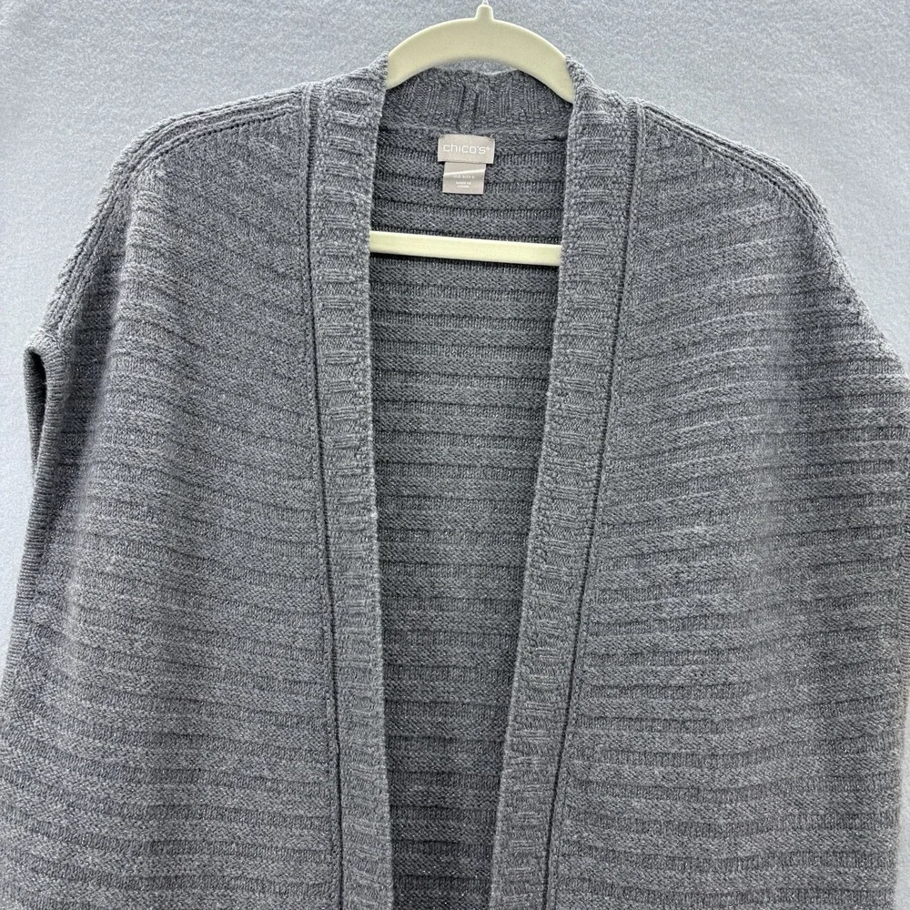 Chicos Size 0 Small Shimmer Long Open Front Sweater Vest Gray Boho Casual Staple